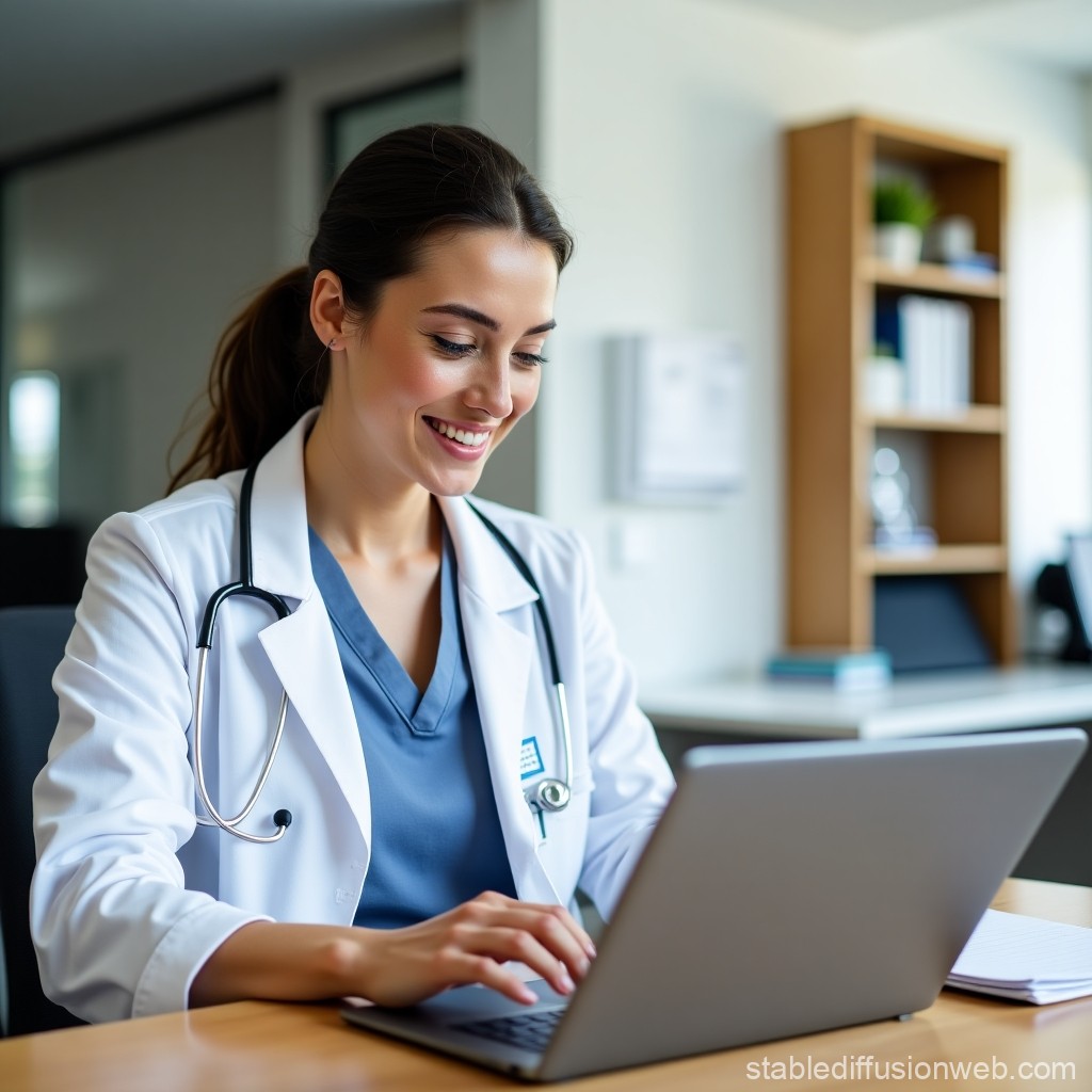 Doctor usando una tablet o computadora para gestionar su consultorio digitalmente. Imagen generada por Stable Diffusion Web.