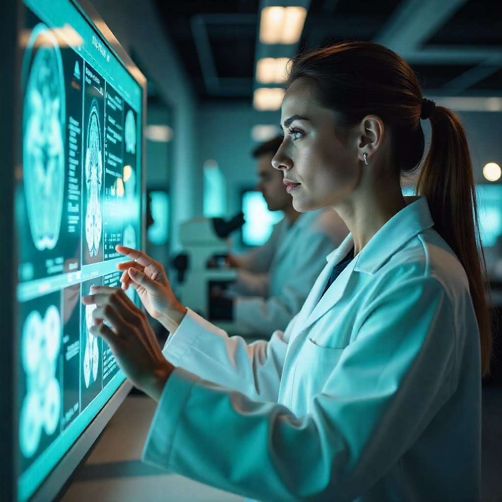 Científico o investigador trabajando en un laboratorio, observando datos o una pantalla, representando la investigación de vanguardia. Imagen generada por Stable FreePik.