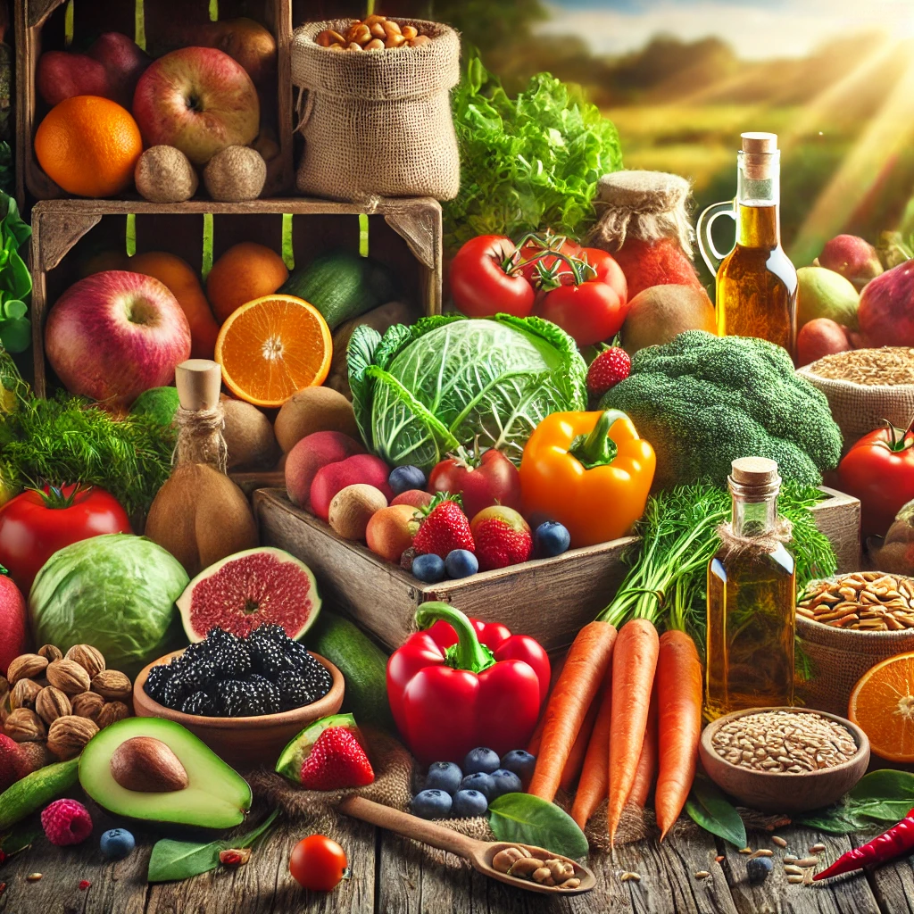 Variedad de alimentos frescos y saludables en un ambiente rústico o de mercado de agricultores, simbolizando sostenibilidad y bienestar. Imagen generada por DALL-E