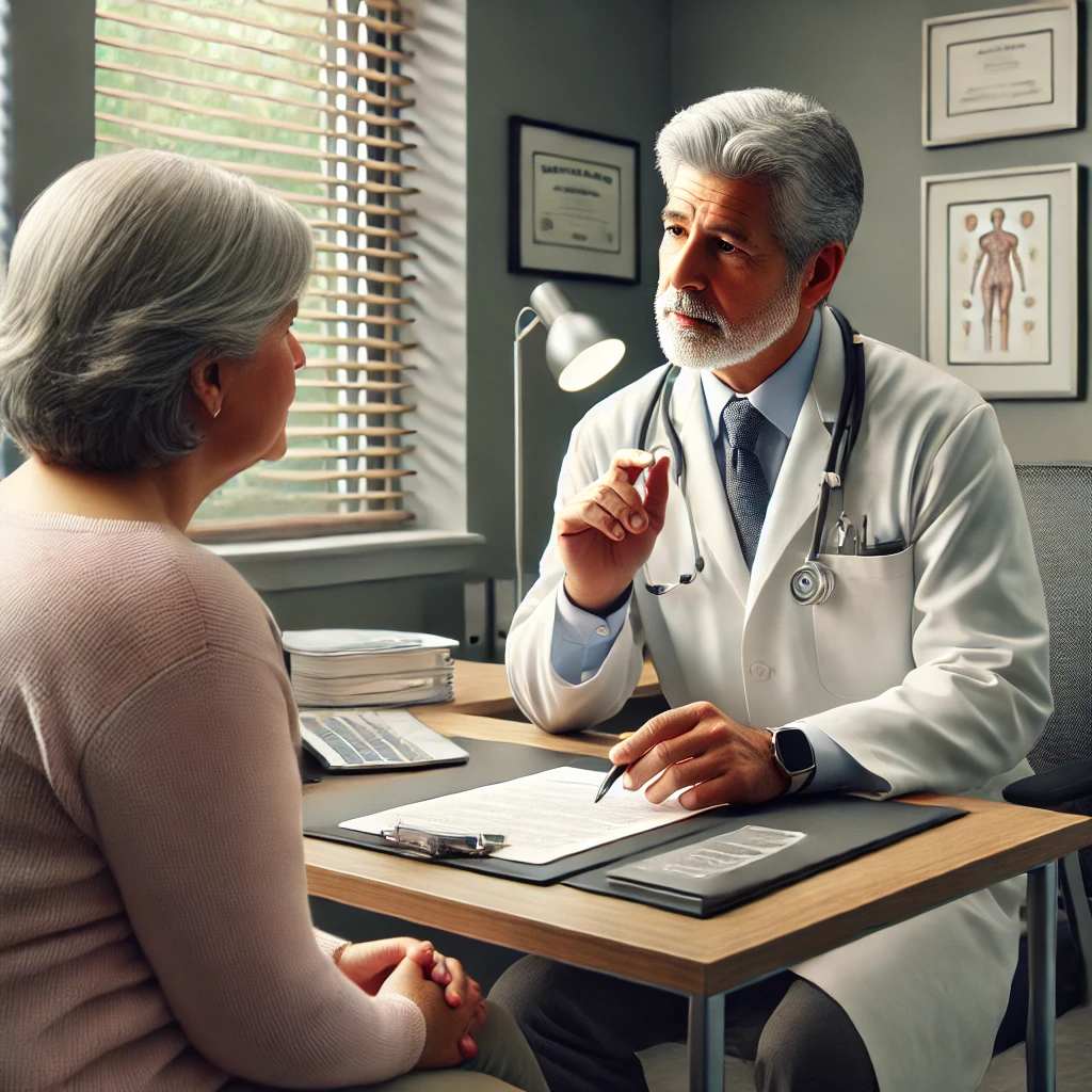 Doctor y paciente interactuando en un consultorio, con el médico explicando opciones de tratamiento, mostrando la importancia de la consulta. Imagen generada por DALL-E.