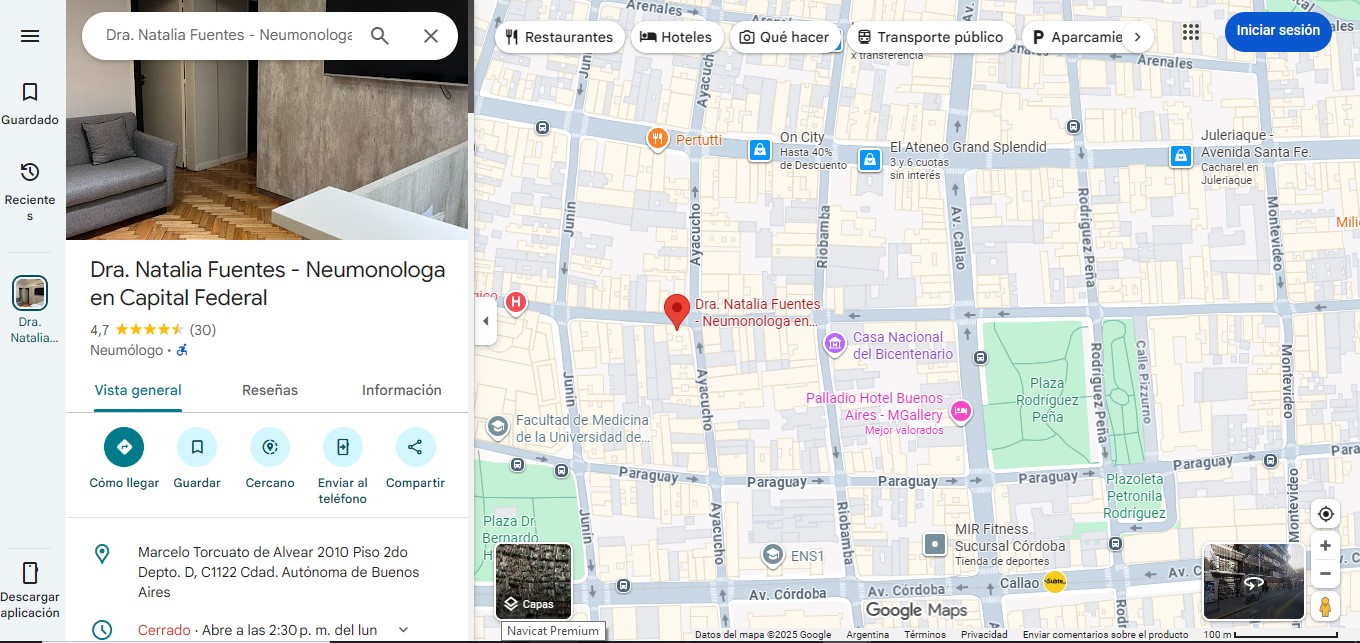 Imagen ejemplo de una ficha de profesional de la salud en Google Maps